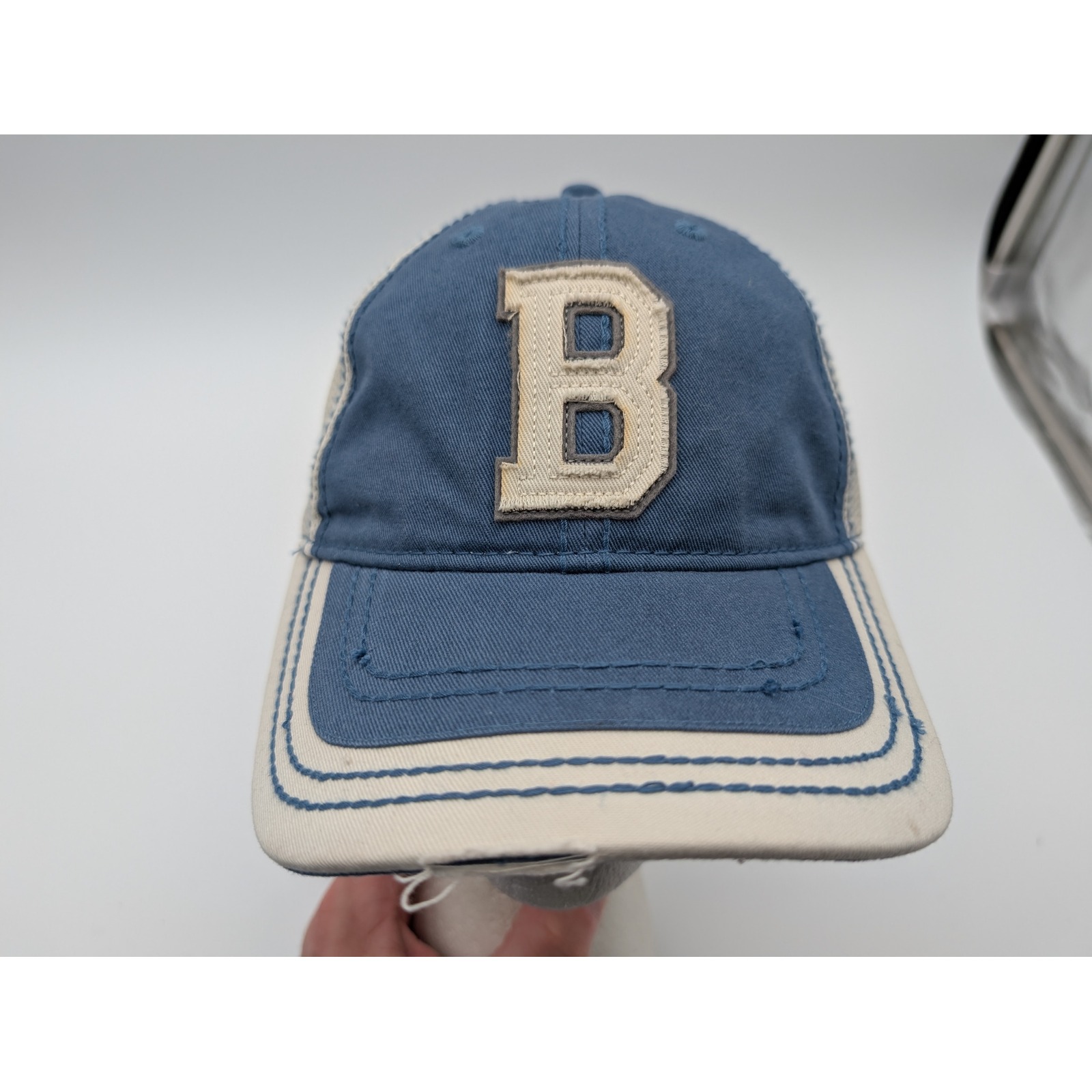 Boeing Blue Cream Mesh Trucker Hat Adjustable Distressed Letter B Logo Cap 808